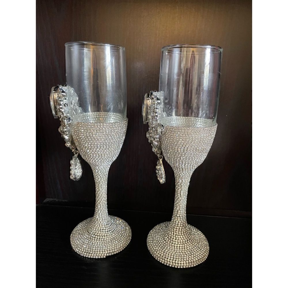 Crystal clear Rhinestones Wedding Flutes set , Swarovski Crystals, custom made - Picture 3 of 4